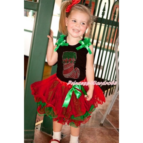 Xmas Black Baby Pettitop with Sparkle Crystal Bling Christmas Stocking Print with Kelly Green Ruffles & Kelly Green Bow with Kelly Green Bow Red Green Petal Newborn Pettiskirt NG1273 